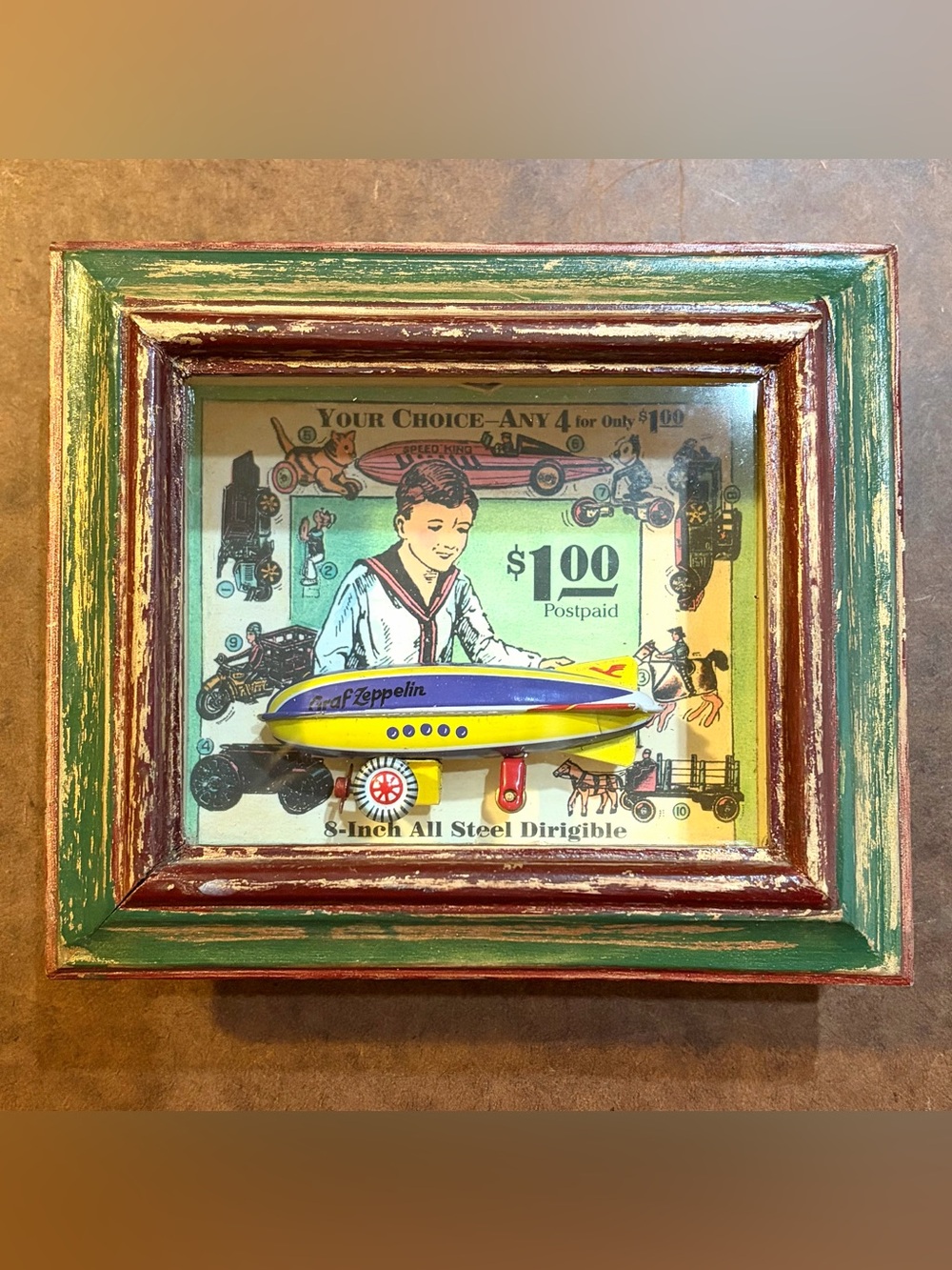Vintage 90s- Tin Graf Zeppelin Wall Art - Yellow & Blue Die-Cast German Airship